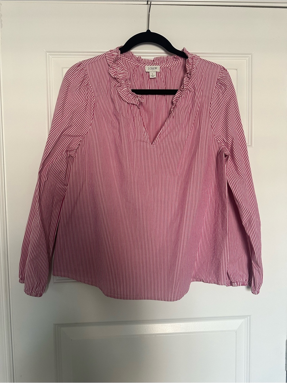 J. Crew Pink and White Striped Ruffle V-Neck Blouse